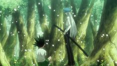 an anime scene with two people in the woods