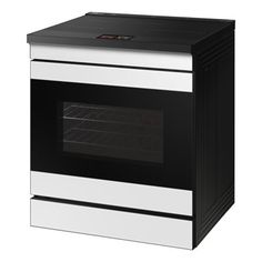 a white and black electric stove with the door open on an isolated white background,