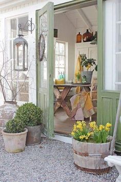 an open door leading to a patio with potted plants and flowers on the ground