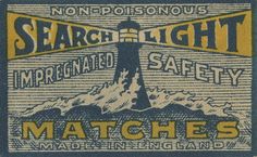 an old match card with the words searchlight in yellow and blue, on it