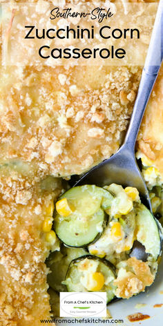 Serving spoon scooping up Zucchini Corn Casserole from white baking dish. Squash Corn Casserole, Zucchini Chicken, Zucchini Casserole Recipes, Summer Squash Recipes, Yellow Squash Recipes, Squash Casserole Recipes, Veggie Casserole, Zucchini Squash