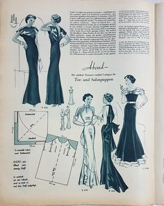 an old fashion book with pictures of women's evening gowns and dresses from the 1950's