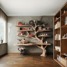 a tree shaped shelf in the corner of a room with bookshelves and vases