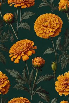 a painting of yellow flowers on a green background