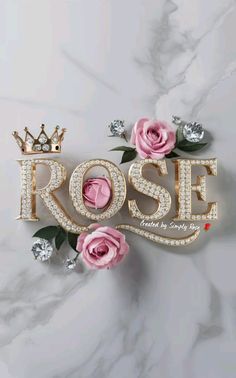 the rose logo is surrounded by pink roses and diamond letters that spell it's name