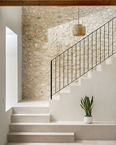 a plant in a white vase sitting on some steps next to a stone wall and railing