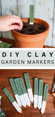 pot of dirt with woman planting seeds and a green clay garden marker labeled rosemary Diy Planters Clay, Diy Garden Signs Plant Markers, Vegetable Labels For Garden, Clay Plant Markers Diy, Garden Plant Markers Diy, Painted Garden Markers, Air Dry Clay Herb Markers, Homemade Garden Markers