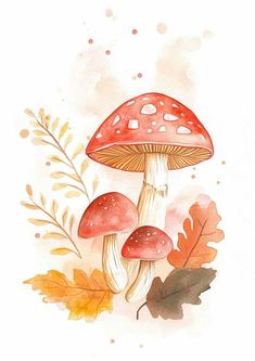 a watercolor painting of mushrooms and leaves