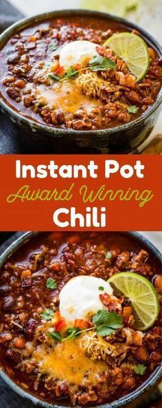 instant pot award winning chili recipe in a skillet with limes and sour cream on top