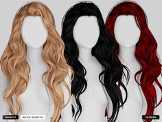 three different colored wigs on mannequin heads, each with long wavy hair