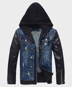 SPECIFICATION: Material: Denim / Leather Sleeves Inner: Viscose Lining Closure: Front Buttoned Closure Collar: Hooded Collar Cuffs: Zipper Cuffs Color: Blue Leather Hoodie, Denim Jacket With Hoodie, Womens Black Leather Jacket, Denim Inspiration, Hooded Denim Jacket, Leather Jacket With Hood, Winter Jacket Men, Leather Denim, Blue Denim Jacket