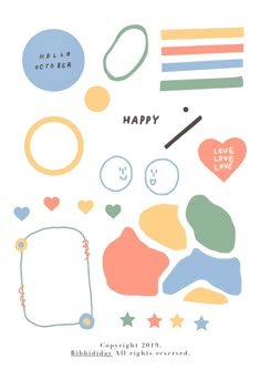 the happy card features colorful shapes and words, including hearts, stars, and circles