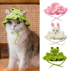 a cat sitting on top of a wooden table next to three crocheted hats