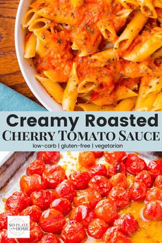 creamy roasted cherry tomato sauce in a white bowl next to a plate with pasta and tomatoes