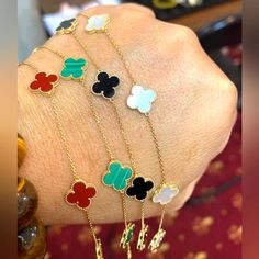 I'm Selling This Unused Multigems Clover Design Bracelet In An 18k Solid Yellow Gold Setting. The Gemstones Are Malachite [Green], Onyx [Black], Mother Of Pearl [White], And Carnelian [Red]. It Will Fit A Teenager Or For Women With Very Small Wrists Like Me. I'm Petite, And My Wrists Will Fit A Bracelet Of 6-7 Inches Only. Lenght Is 6 Inches.. Gemstones Size: 10mm Luxury Gold Gemstone Bracelet As A Gift, Luxury Gold Gemstone Bracelet Gift, Luxury Gold Plated Gemstone Bracelets, Luxury White Bracelets With Adjustable Chain, Luxury White Bracelet With Adjustable Chain, Luxury Gold Bracelet With 17 Jewels, Luxury Aaa Quality Bracelet, Multi Gemstone Bracelet, Malachite Green