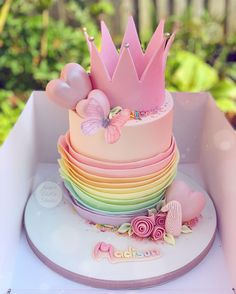 there is a pink cake decorated with butterflies