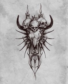 a skull with horns and skulls on it's head is drawn in black ink