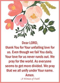 a card with flowers and the words dear lord, thank you for your unfailing love