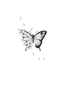 a black and white photo of a butterfly flying over flowers