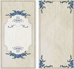 two blank cards with blue flowers and vines on them, one in the shape of a rectangle