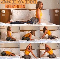 the woman is laying on her stomach in bed and doing yoga poses for each other