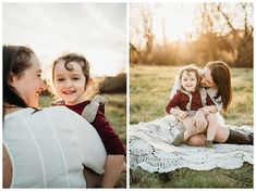 a woman and her daughter sitting on a blanket in a field at sunset or sunrise