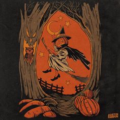 an illustration of a witch flying through the air with her broom in front of trees and pumpkins