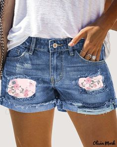 Color: blue, Size: L(10-12) Ripped Jeans Casual, Casual Denim Shorts, Ripped Denim Shorts, Affordable Fashion Women, Shorts Casual, Blue Denim Shorts, Denim Patchwork, Ripped Denim, Distressed Denim Shorts