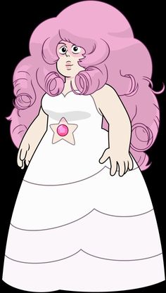 a cartoon girl with pink hair wearing a white dress and holding a star on her chest