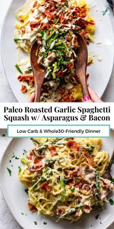 pasta roasted garlic spaghetti with squash, asparagus and bacon low carb & whole - friendly dinner