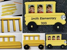 some pictures of children's school bus made out of popsicle sticks