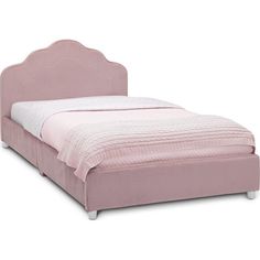 a pink bed with white sheets and pillows