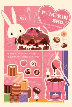 a pink poster with different types of desserts on it