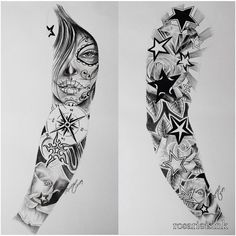 two different tattoos on one arm and the other half sleeve with stars, moon and star designs