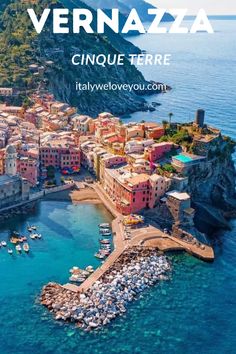 an aerial view of cinque terre, italy with text overlaying the image