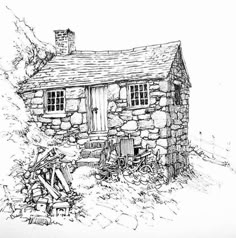 an ink drawing of a small stone house