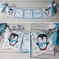 the penguin banner is decorated with snowflakes and blue polka dot ribbon, which reads i am one