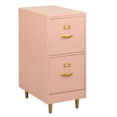 a pink filing cabinet with two drawers and gold handles on the bottom drawer, against a white background