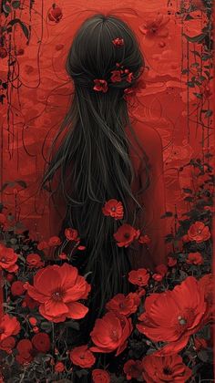 a painting of a woman with long hair surrounded by red flowers