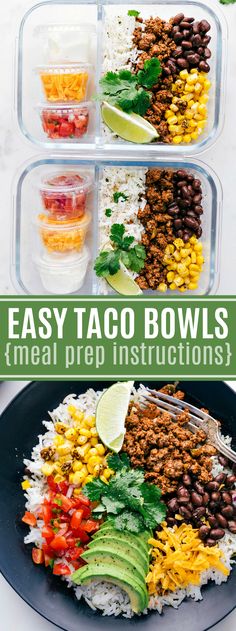 easy taco bowls with rice, beans, corn and avocado in them