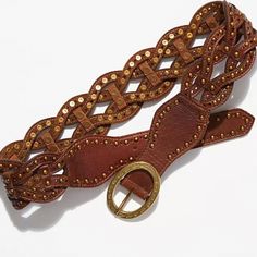 So Cool And Seriously Studded Leather Belt Featured In A Wavy Silhouette With Intertwined Details, Stud Embellishments, And A Circular-Shaped Metal Buckle. Adjustable Fit Pointed Tip Fp Collection Artisan Crafted From Fine Leathers And Premium Materials, Fp Collection Shoes, Bags And Belts Are Coveted For Their Signature Vintage Aesthetic. Double Buckle Belt, Tassel Belt, Boho Belts, Free People Accessories, Wrap Belt, Suede Belt, Rhinestone Belt, Leather Harness, Studded Belt