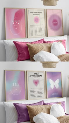 two pictures with pink and white pillows in front of them, one is above the bed