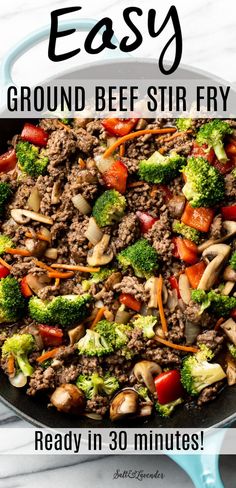 an easy ground beef stir fry recipe with broccoli and carrots in a skillet