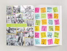 an open book with post it notes and pictures on the pages that have been placed together