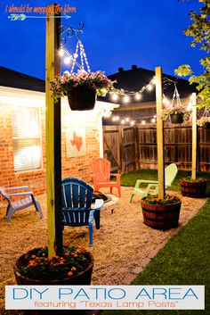 an outdoor patio area with chairs and lights