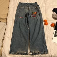 Crazyy Vintage 90s Jnco Jesters Tribal Baggy Denim Jeans! Absolutely Love These!!!!! Would Love To Do A Trade For Em Or You Can Buy. Lmk If You Have Any Questions #Jeans #90s #Y2k #Grunge #Baggy Vintage Wide Leg Jeans For Streetwear, Reworked Retro Jeans For Streetwear, Retro Reworked Jeans For Streetwear, 90s Reworked Bottoms For Streetwear, Vintage Cotton Jeans For Streetwear, Vintage Reworked Wide Leg Jeans, Vintage Wide Leg Reworked Jeans, Baggy Grunge Jeans, Jnco Jeans The 90s