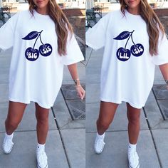 two pictures of a woman wearing a white shirt dress with cherries on the front