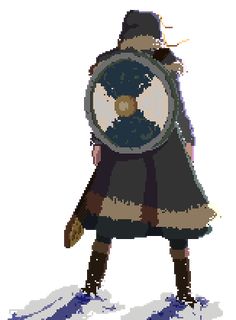 a pixel art image of a woman with a clock in her hand and snow on the ground