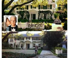 the house is white with green shutters on it and there are pictures of people standing outside