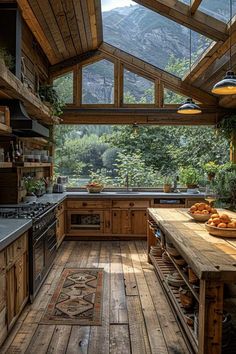 an outdoor kitchen with wood floors and wooden walls, has a skylight over the stove